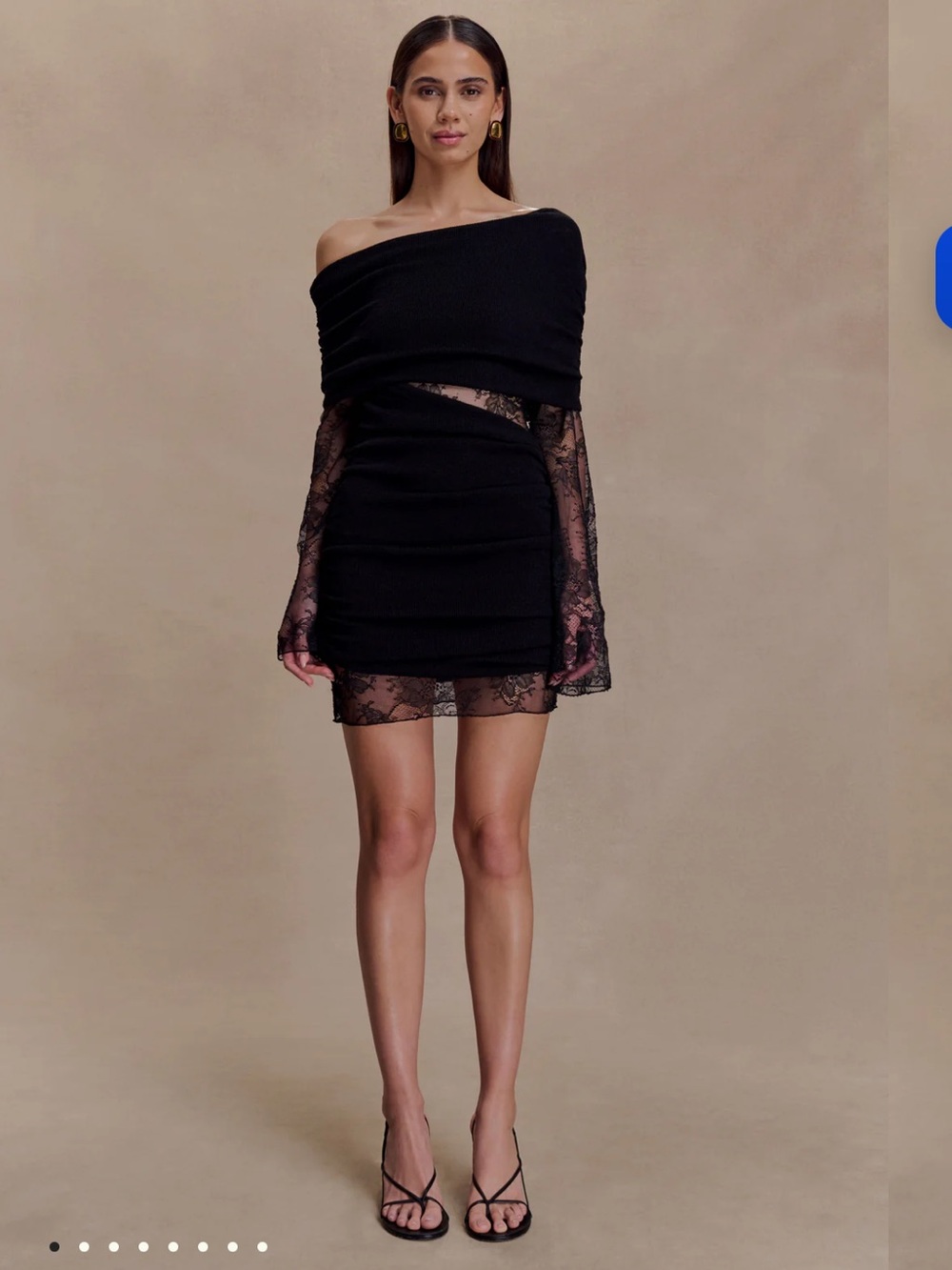 Meshki Black One-Shoulder Lace-Sleeve Mini Dress